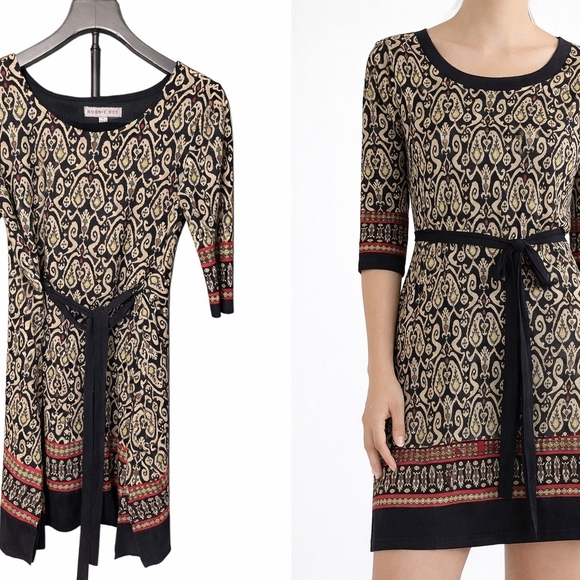 Robbie Bee. Dresses & Skirts - Robbie Bee Metallic Gold & Black Patterned Mini Dress with Belt - Size M